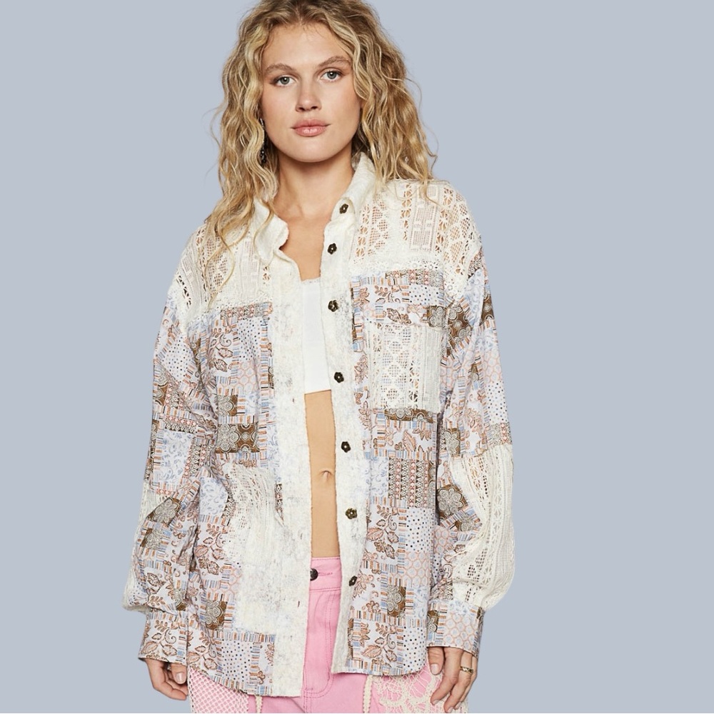 POL Unique Long Sleeve Contrast Crochet Woven Print Shirt - Picture 2 of 6